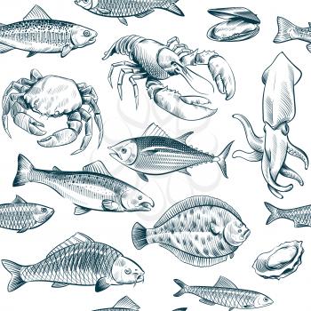 Sketch seafood seamless pattern. Oyster salmon lobster shellfish. Hand drawn seafoods vintage vector background. Vector seafood lobster and salmon, crab and oyster illustration