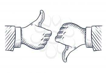 Hand drawn thumbs up and down. Like and unlike business isolated sketch vector symbols. Illustration of hand with thumb up finger, ok and negative