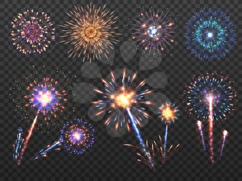 Fireworks. Holiday firework explosion in night, firecracker sparks. Happy new year vector decoration set isolated. Explosion firecracker, holiday bright celebration illustration