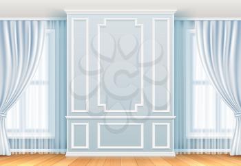 Classic interior. White wall with moulding frames and window. Home room vintage vector decoration. Interior molding wall elegance background illustration