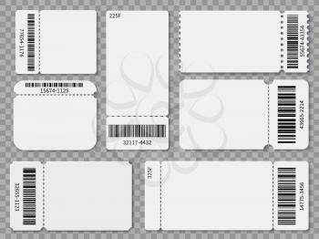 Ticket templates. Blank admit one festival concert theater raffle tickets and coupons with barcode isolated vector set. Concert ticket, coupon with bar code illustration