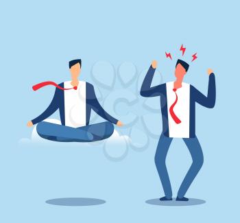 Angry and calm. Adult man experiences stress and meditates in the lotus position. Happy and angry person. Vector business concept man yoga meditating and anxiety excitement illustration