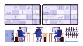 Security room. Professionals monitoring in control center with cctv monitors. Cctv monitor center room, monitoring security illustration