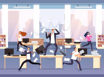 Angry boss. Chaos in office with employees in panic. Businessman in stress and deadline vector concept. Illustration of running employee, furious management workday