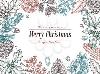 Christmas vintage invitation. Winter fir pine branches, pinecones floral border. Christmas, xmas botanical sketch frame vector card. Pine branch frame for holiday xmas illustration