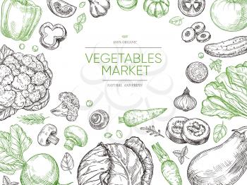 Vegetables hand drawn background. Organic food vegetable set. Sketch vegan vector menu design. Illustration of vegetarian and vegan organic sketch vegetable