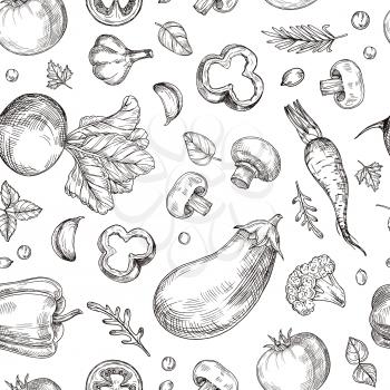 Vegetable hand drawn seamless pattern. Fresh vegetarian food, garden vegetables. Etching drawing vector vintage wallpaper. Illustration of healthy fresh background drawing beet and eggplant