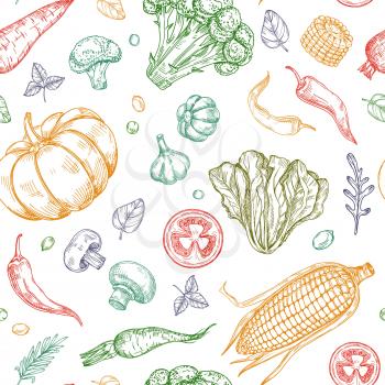 Sketch vegetables seamless pattern. Vegetable soup organic farm food vector vegetal background. Illustration of organic food pattern vegetable