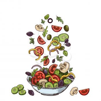 Salad background. Hand drawn healthy food ingredients. Mushrooms cucumbers, tomatoes olives and lettuce leaves. Vector vegetarian meal. Illustration of salad organic pepper and mushroom