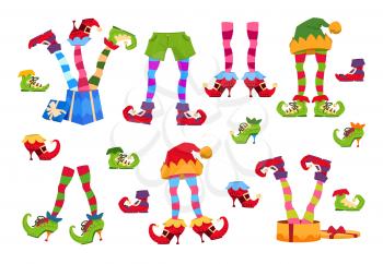 Elf feet. Elves foot in shoes and hat. Christmas dwarf leg in pants with santa gifts isolated vector set. Elf boots, christmas striped leprechaun foot illustration