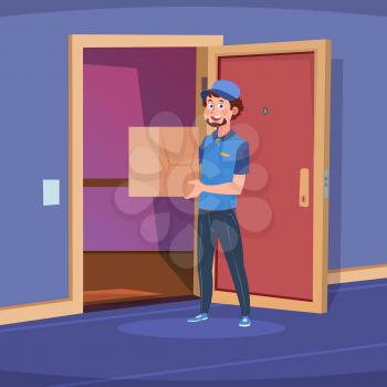 Delivery guy in home door. Boy deliver handing box in apartment doorway. Cartoon delivery of goods at home vector concept. Illustration of delivery man, deliver box pizza