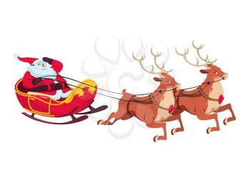 Santa on sleigh with reindeers. Christmas cartoon characters for greeting card. Isolated vector illustration. Santa claus and reindeer flying