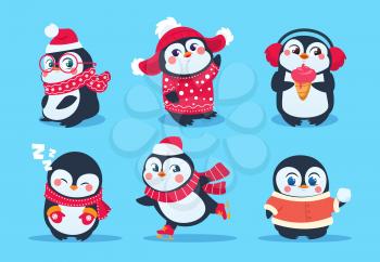 Penguins. Christmas penguin characters in winter clothes. Xmas holiday cute vector cartoon mascots. Cartoon christmas animal penguin illustration