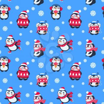 Penguins seamless pattern. Cute christmas package with funny baby penguin. Winter holiday vector textile background. Christmas pattern with baby cute penguin illustration