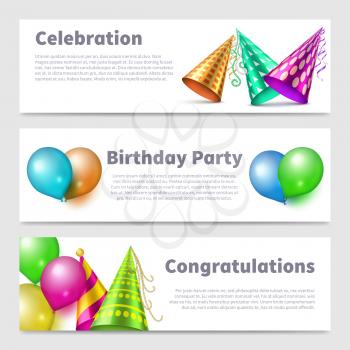 Party banners template vector with realistic party hats and balloons illustration