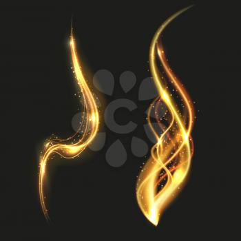 Shiny gold glowing lines swirl trail, golden smoke vector light effect illustration isolated on black