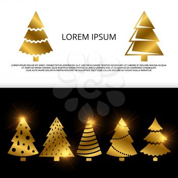 Vector banner or flyer of collection with golden christmas tree icons illustration