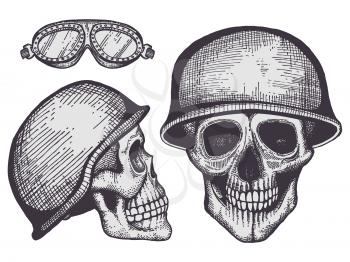 Vintage style bikers human skulls isolated on white background. Vector illustration