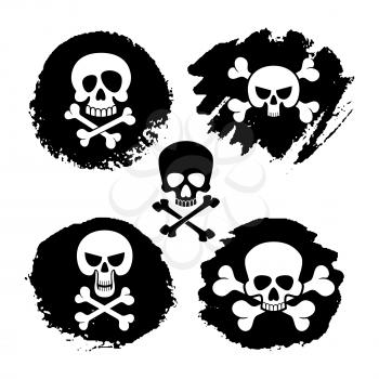 White piracy skull and crossbones vector icons. death, scary symbols and grunge decor illustration