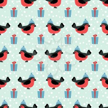 Winter holidays seamless pattern with cartoon bullfinch in hat and gift box background illustration vector