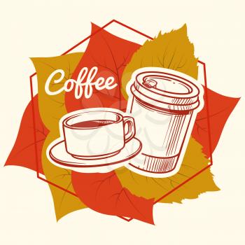 Autumn leaves and coffee cup and take away mug vector illustration for t-shirt print, banner template, stickers