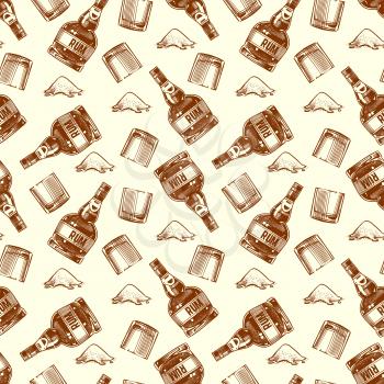 Bottle of rum, glasses and cocaine seamless pattern background. Vector illustration