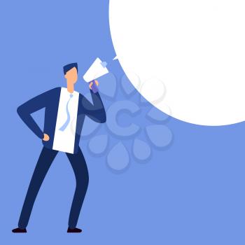 Businessman with megaphone. Man shouting in bullhorn with speech bubble for message. Vector illustration