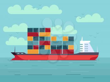 Cargo ship with colored containers in ocean or sea water vector illustration