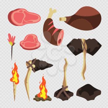 Cartoon neolithic tools and meats, weapons isolated on transparent background