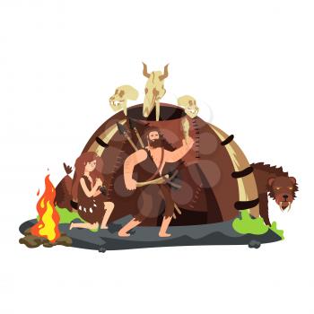 Cartoon style hunting neolithic people and saber-toothed tiger. Vector illustration