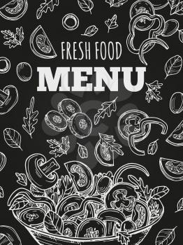 Chalkboard fresh food menu vector template. Menu cover design with hand drawn salad and vegetables illustration