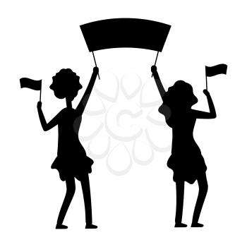 Female demonstrations silhouette. Protest, parade, demonstration vector illustration. Female demonstration and protest, black silhouette protesting with flag