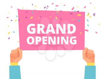 Hands hold Grand Opening info banner with colorful conffetti vector template illustration
