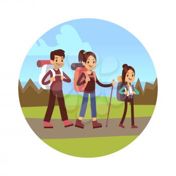 Happy family hiking vector illustration. Mum, dad and daughter go autumn camping