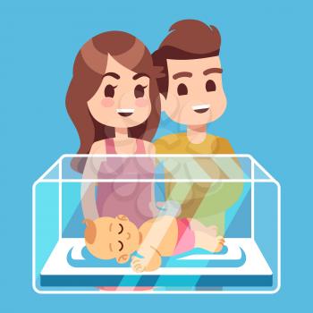 Happy parents with new born child in the glass box. Cartoon family vector illustration. Baby newborn and family mother father