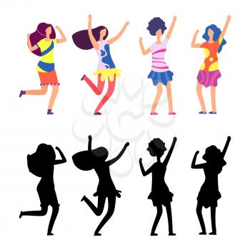 Happy women in bright clothes. Parade or hippie female cartoon character. Vector illustration