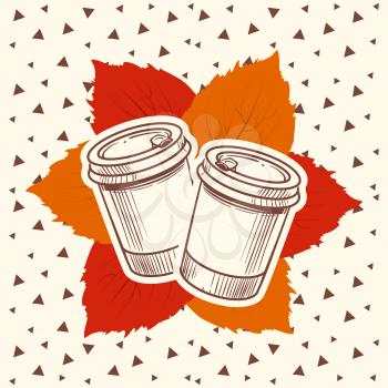 Hipster style autumn poster with coffee to go and leaves. Vector illustration