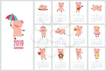 Calendar 2019 with cute pig. Funny cartoon pigs diary. Vector calendar template. Pig year calendar, planner template creative illustration