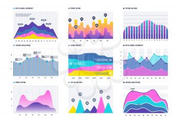 Financial infographic. Business bar graph and line histogram, economic diagram and stock chart. Marketing infographics vector elements. Graph and diagram, chart for business data illustration