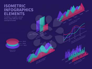 Isometric infographic elements. 3d graphs, bar chart, market histogram and layer diagram. Business presentation vector infographics. Illustration of chart 3d flat, graph design information