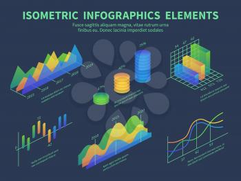 Isometric infographics. Presentation graphics, statistics data layer charts and marketing bar diagrams. 3d isometric vector design. 3d visualization, finance infomation time line illustration