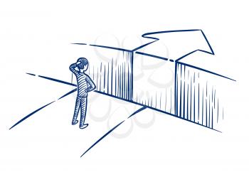 Business challenge concept. Businessman overcomes obstacle chasm on way to success. Hand drawn vector illustration. Achievement and challenge, businessman obstacle overcoming