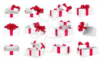 Gift boxes. White open present empty box with red bow and ribbons. Christmas and valentine day vector template. Illustration of cardboard box with bow ribbon