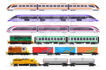 Trains set. Passenger and freight train with wagons. Vector railway transportation isolated on white background. Railway transport passenge and cargo freight, electricity type illustration
