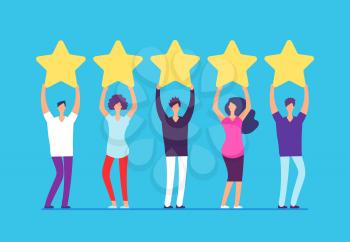 Five stars rating concept. Positive customer review feedback. People with gold stars in hands. Business vector background. Illustration of positive ranking, feedback and review