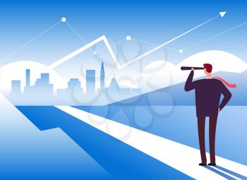 Beginning way. Businessman at road beginning. Opportunity and leadership, profit and new challenge motivation business vector concept. Illustration of businessman direction vision in telescope