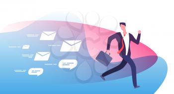 Escape plenty notifications. Frightened busy businessman run away from clients feedback emails. Email pursuit man vector concept. Many notification message, bubble note spam illustration