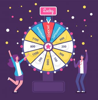 Fortune wheel with people. Man and woman spinning roulette wheel. Risk game and casino lottery vector concept. Illustration of winner people woman and man in casino