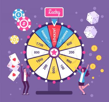 Game wheel concept. People playing risk game with fortune wheel and lottery. Casino and gambling vector background. Illustration of casino fortune, wheel winner game
