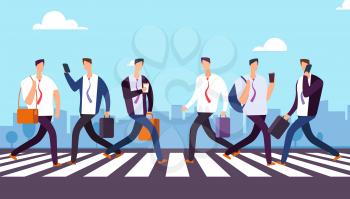 People on crosswalk. Businessmen walking city street. Business vector concept. Business man on crosswalk city illustration